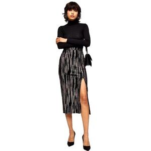 Topshop Velvet Black Midi Skirt With Metallic Gold And Silver glitter 6 NWT